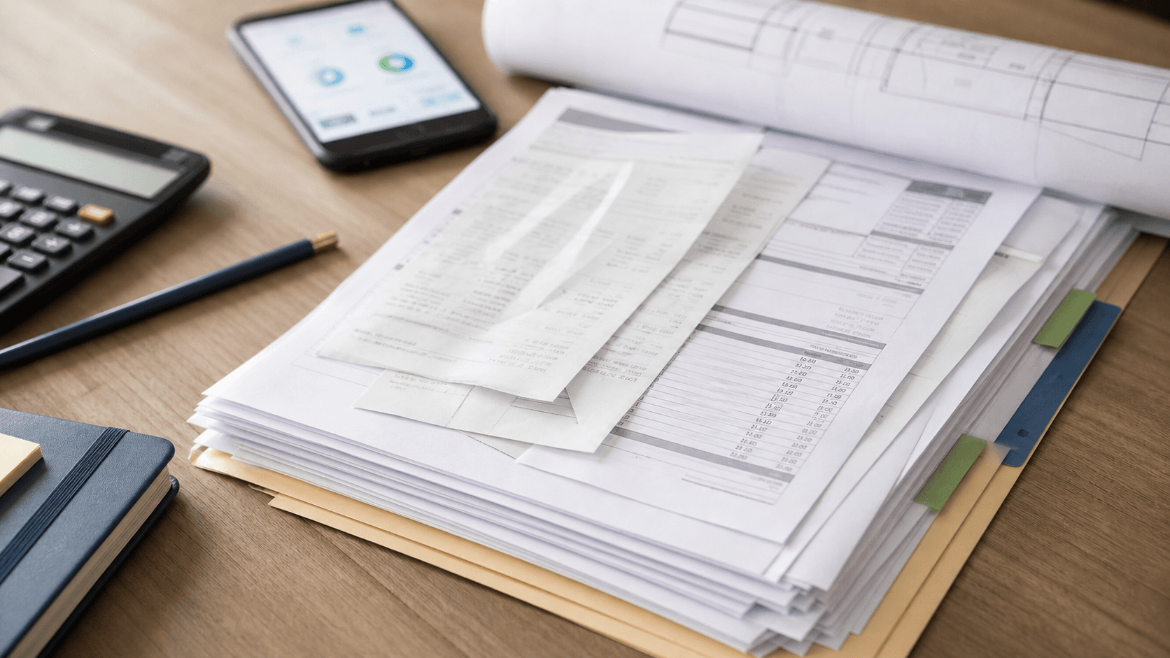 Stack of construction invoices, receipts and budget documents on a planning desk