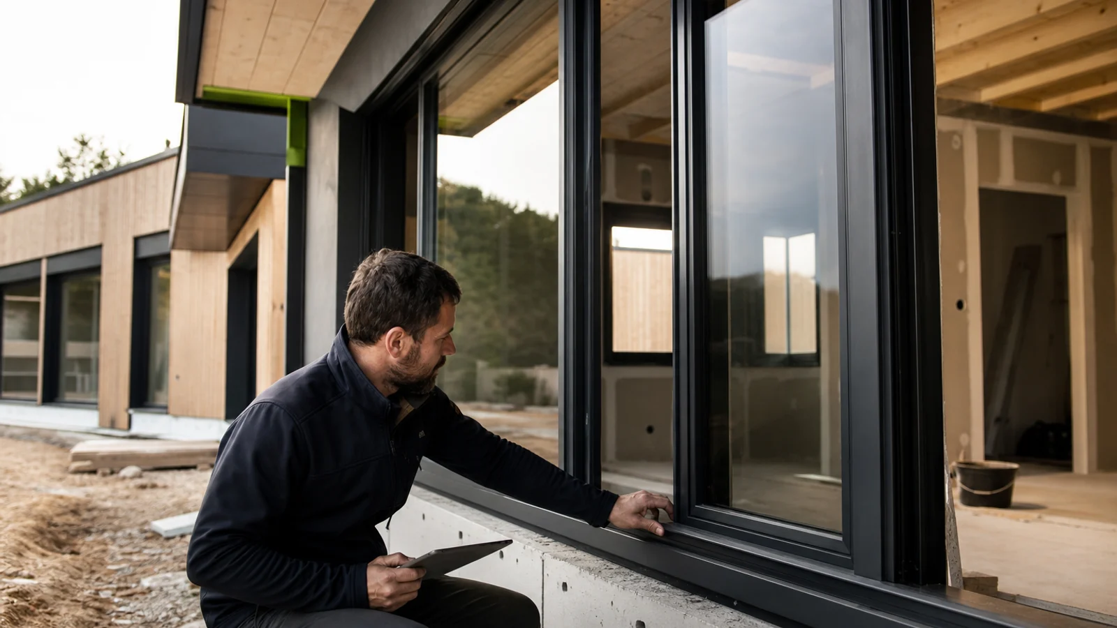 Un ouvrier inspecte le seuil d'une grande baie vitrée aluminium sur une maison neuve en construction.
