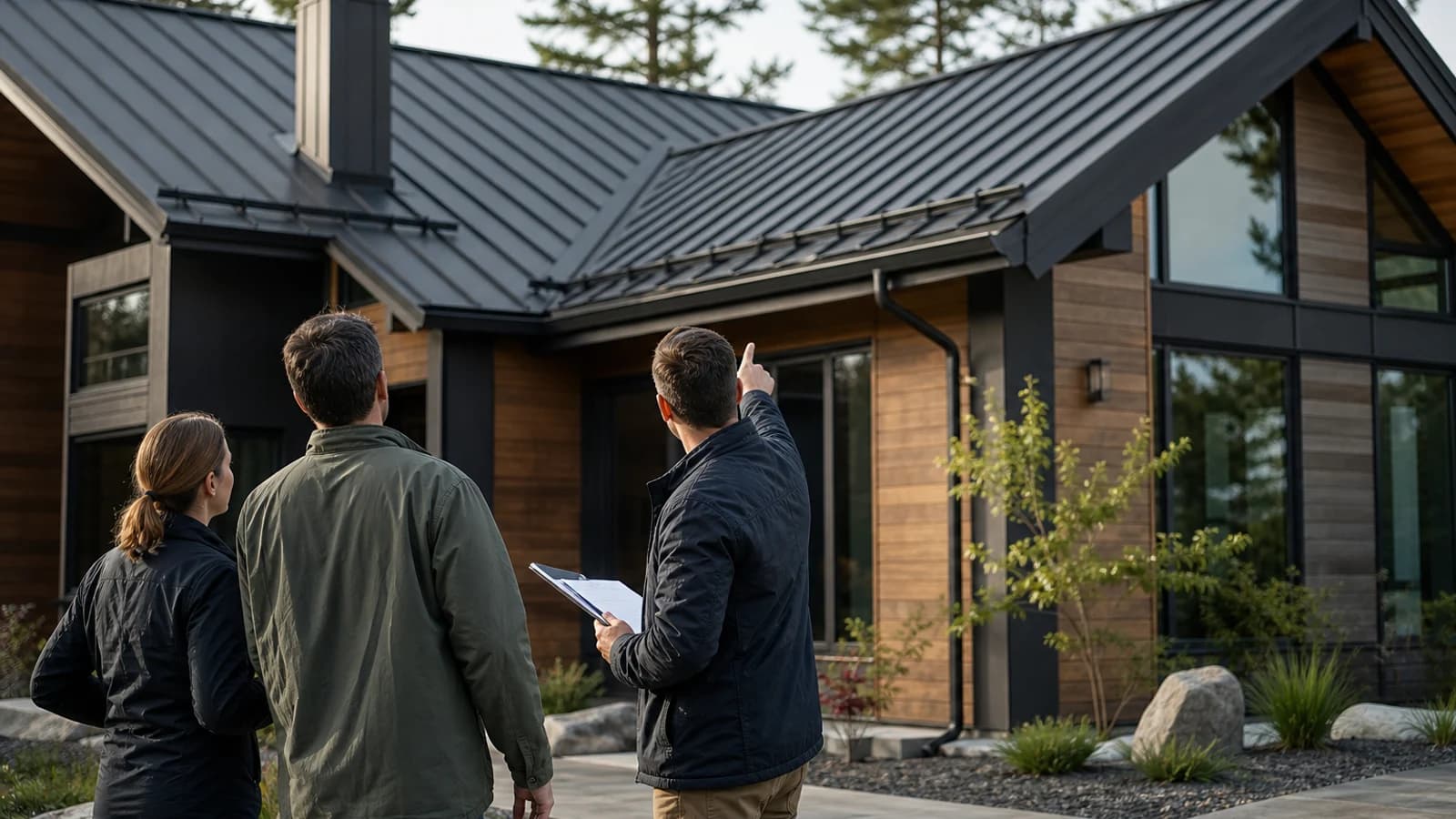 A man with a clipboard points at a modern metal roof while two homeowners observe the house exterior.