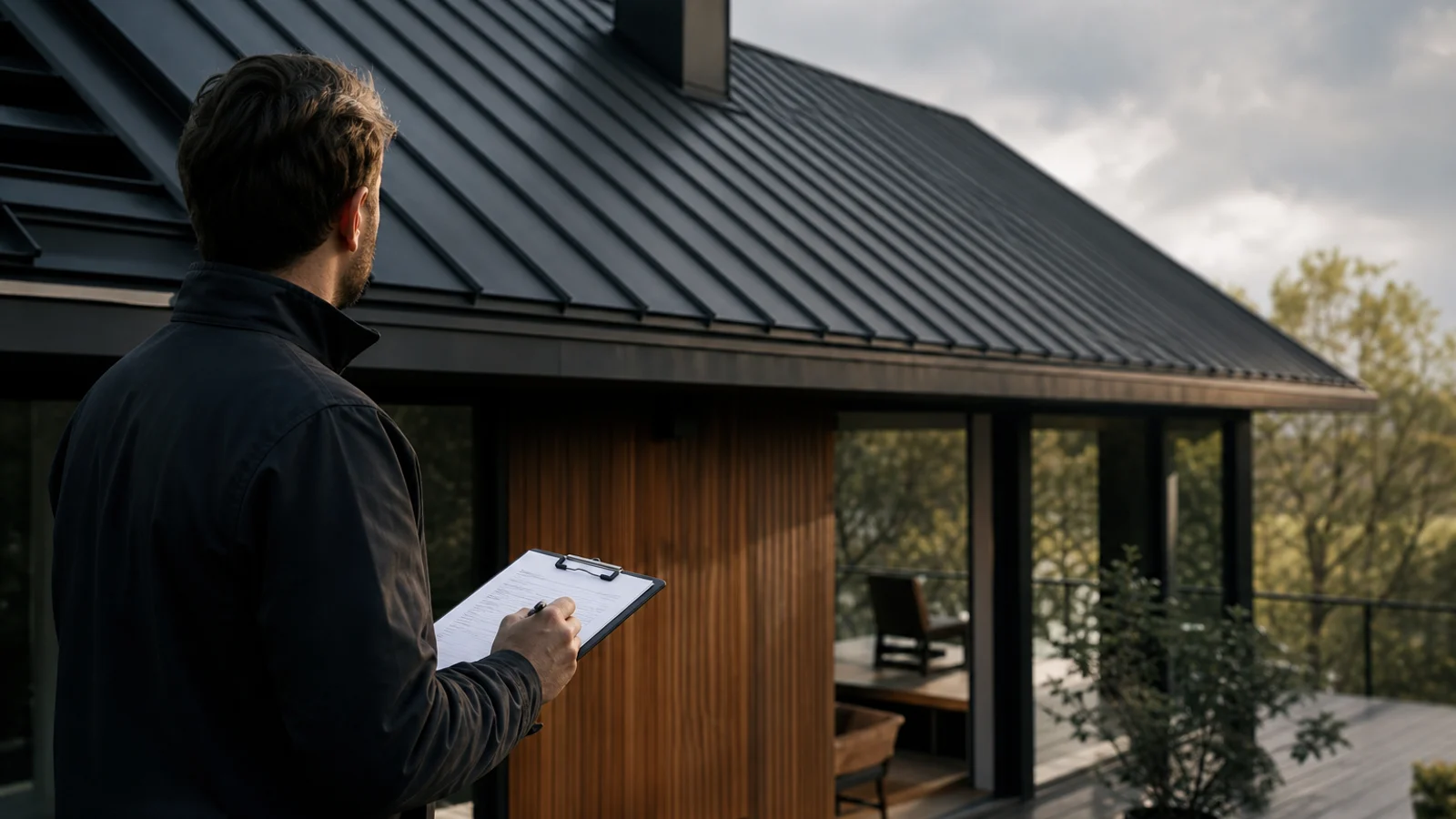 Un homme avec un clipboard inspecte une toiture métallique d'une maison moderne depuis la terrasse.