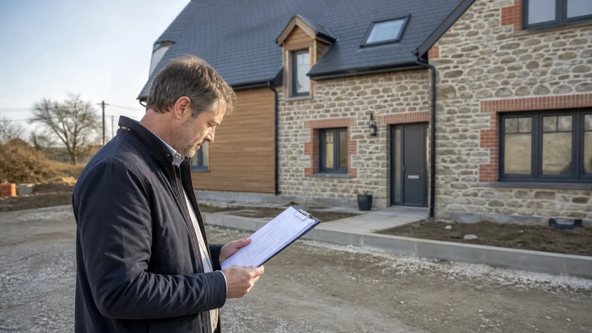 Particulier préparant la réception d'une maison neuve avec ses documents et photos de chantier.