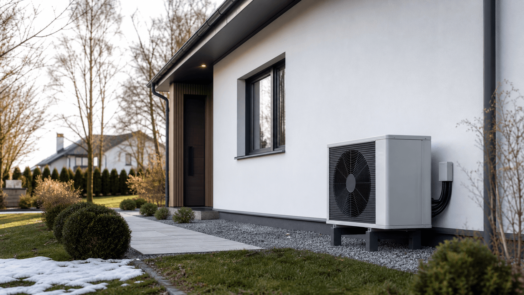 Modern house with an outdoor air-source heat pump unit
