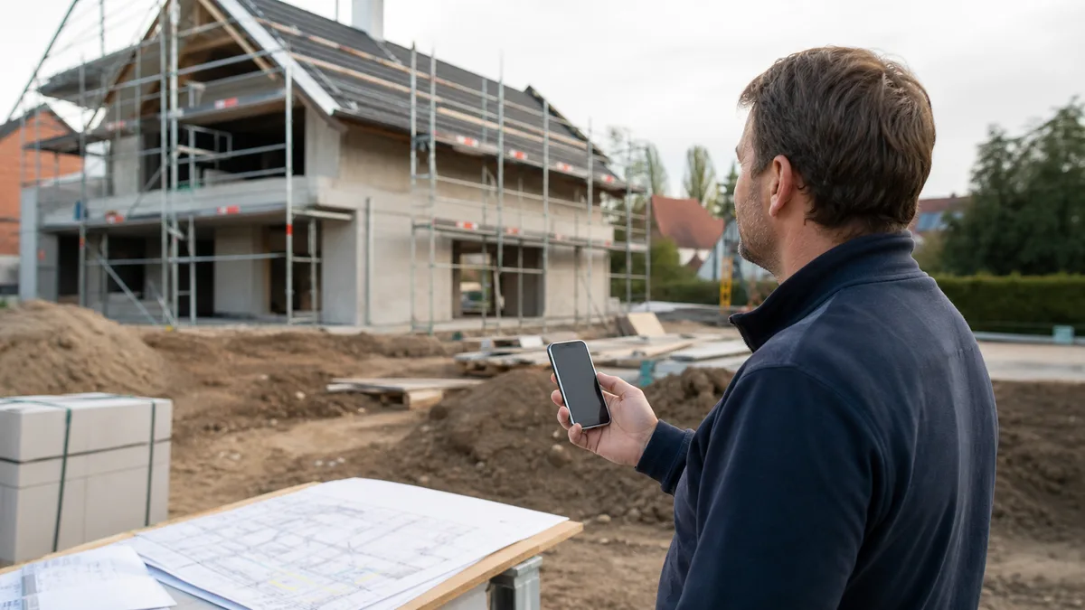Maître d'ouvrage consultant le suivi de sa construction sur une application.
