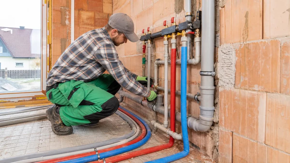 Réseaux de plomberie photographiés avant leur recouvrement sur un chantier de maison.