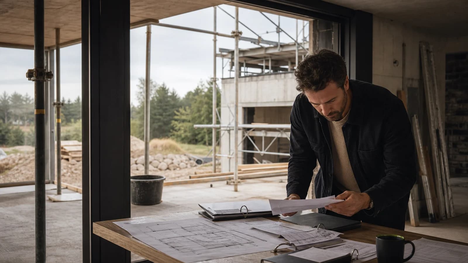 Ein Mann prüft Baupläne auf einem Tisch in einem Rohbau mit Gerüst und Baumaterial im Hintergrund.