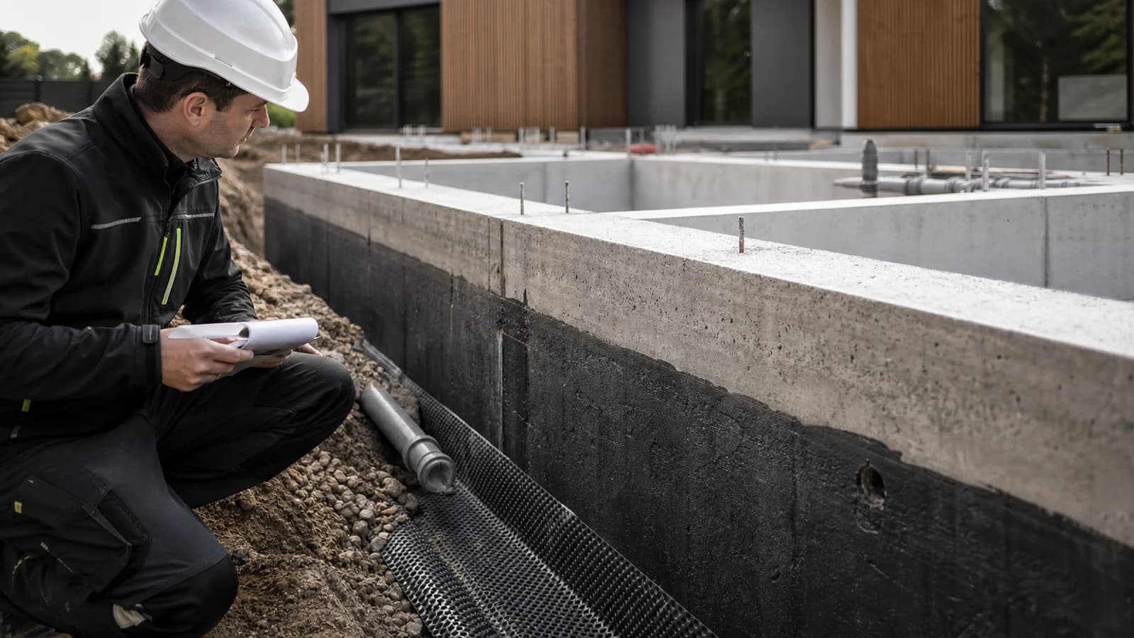 Un contrôleur en casque blanc inspecte la fondation en béton et l'étanchéité avant remblaiement.