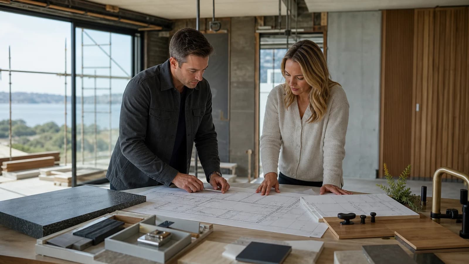 A man and woman examine large architectural plans on a kitchen island inside a modern home under construction.
