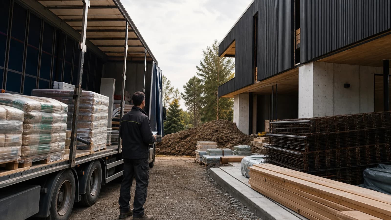 Un livreur inspecte des palettes de matériaux déposées depuis un camion près d'une maison en construction.