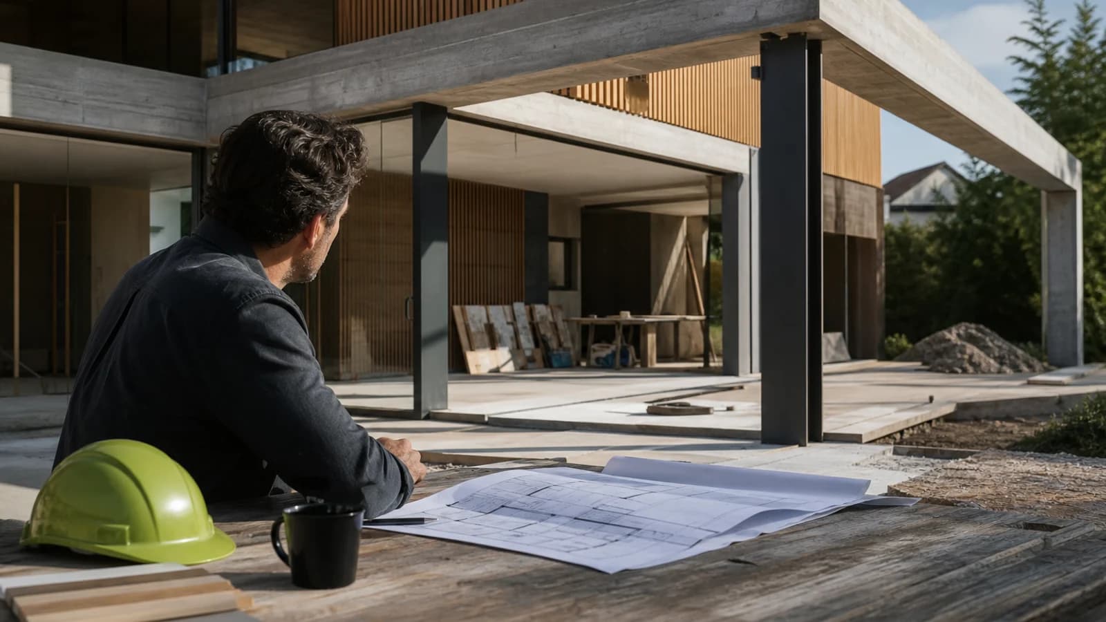 Un chef de chantier consulte des plans sur une table devant une maison moderne en construction.