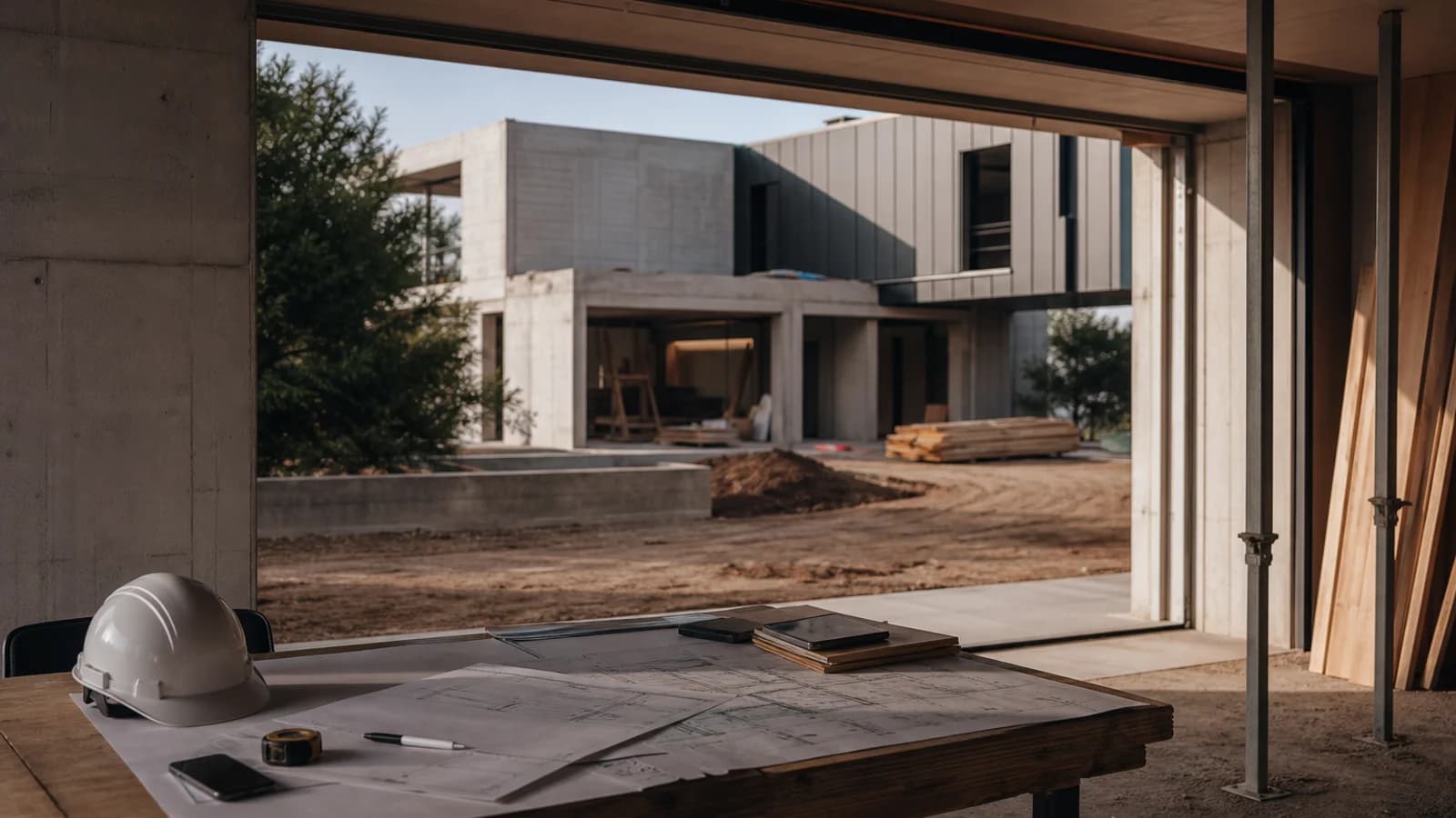 Table de chantier avec plans, casque et mètre devant une maison moderne en construction.