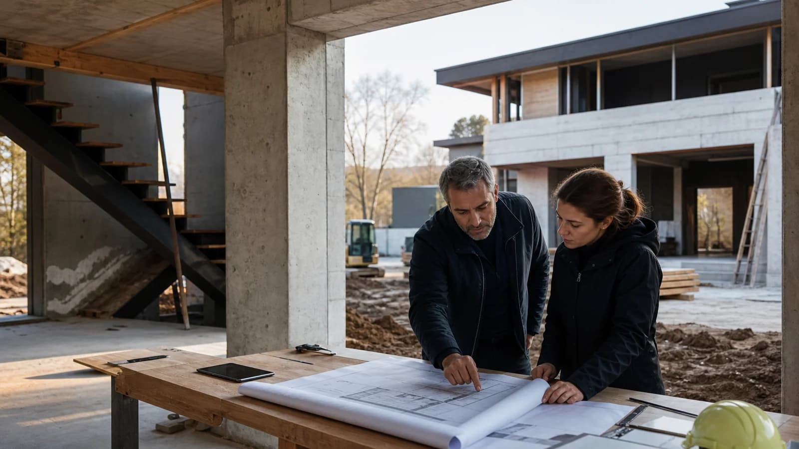 Deux personnes examinent des plans posés sur une table de chantier devant une maison en construction.