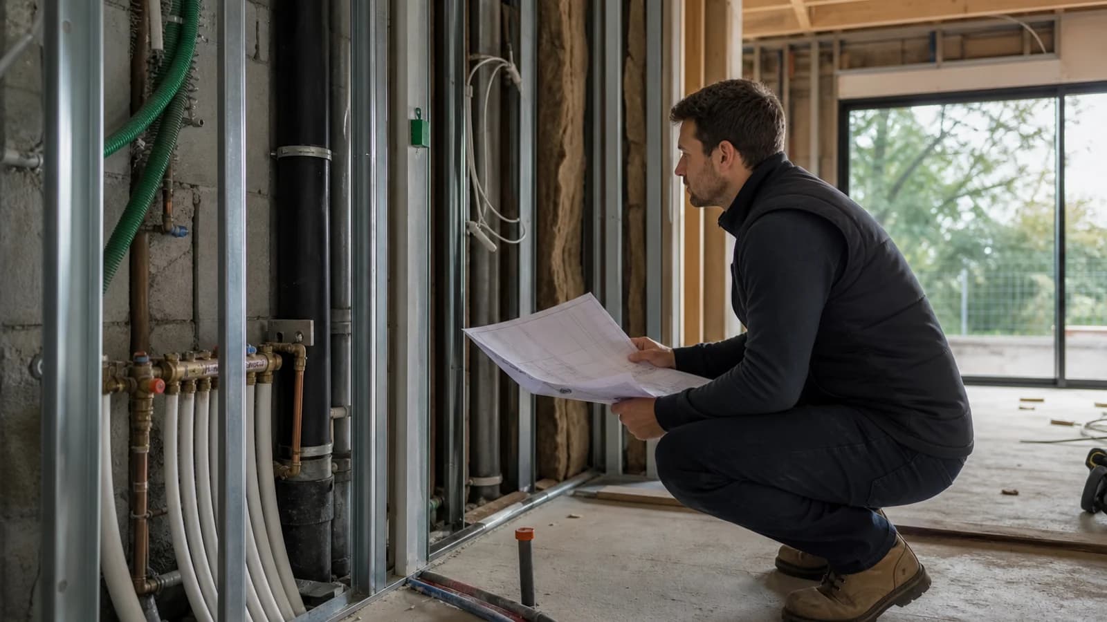 Un artisan accroupi vérifie des plans devant des montants métalliques et des réseaux de plomberie sur chantier.